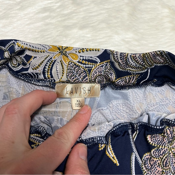 Lavish floral navy stretch midi skirt with gold button details - Picture 4 of 4